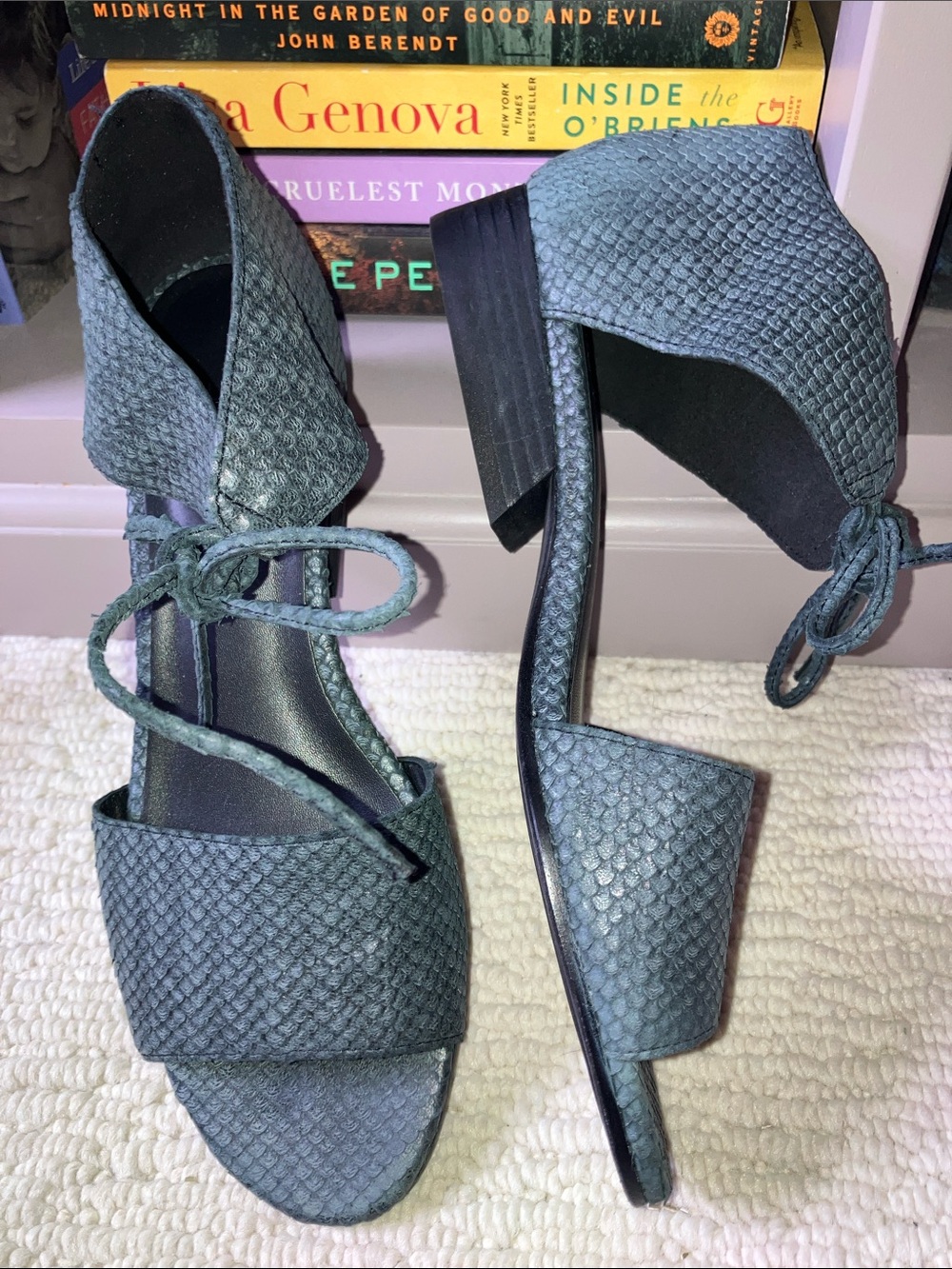 Eileen Fisher Gray Ankle Tie shoes open toe textured snakeskin leather 7.5